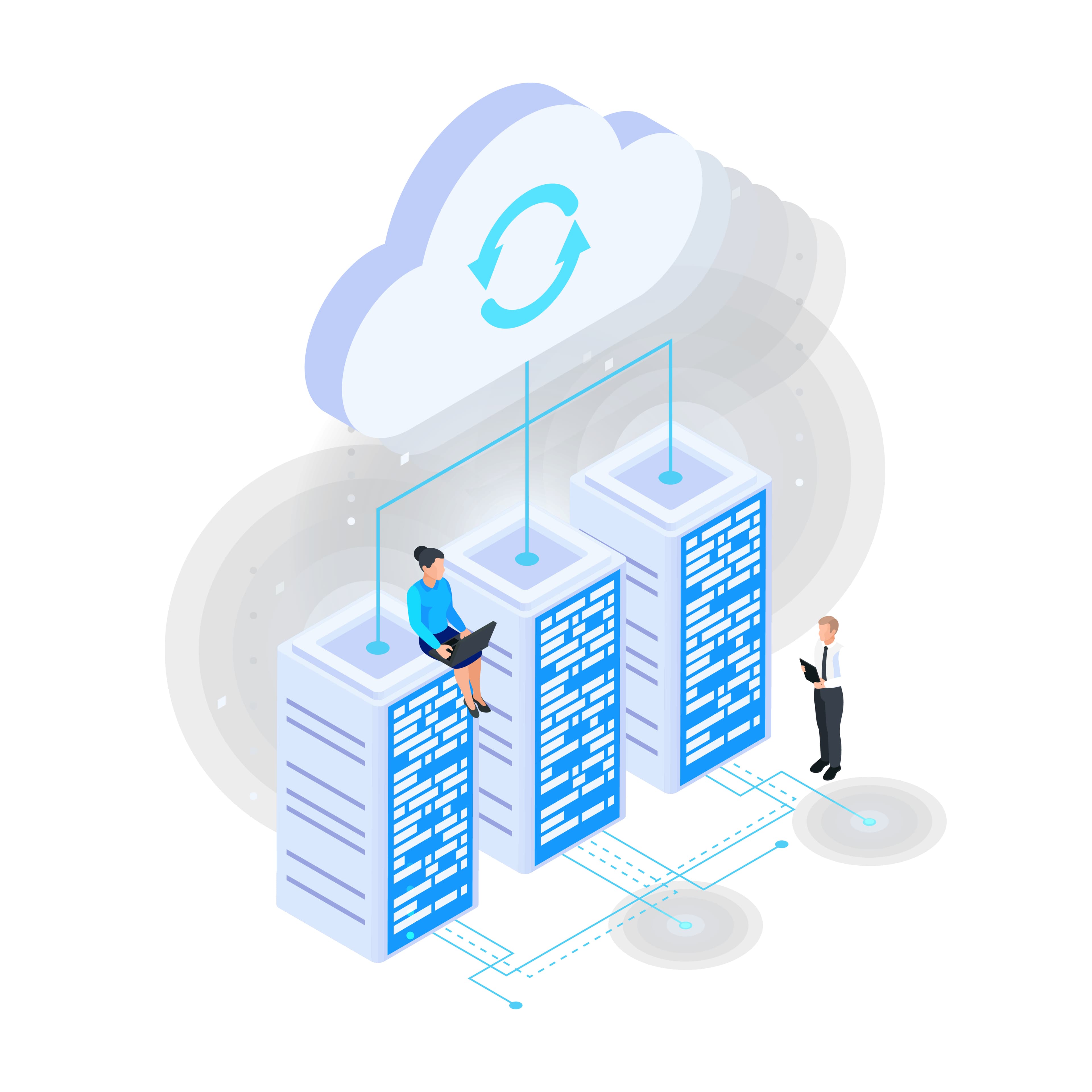 Ilustracija servera i oblaka koji predstavlja cloud computing